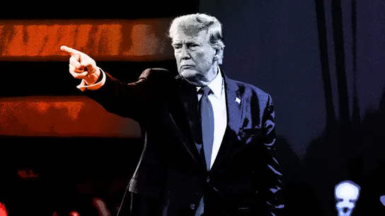 Image of Donald Trump pointing with red stripes in the background