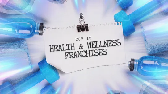 "Top 15 Health & Wellness Franchises" note against blue and purple background