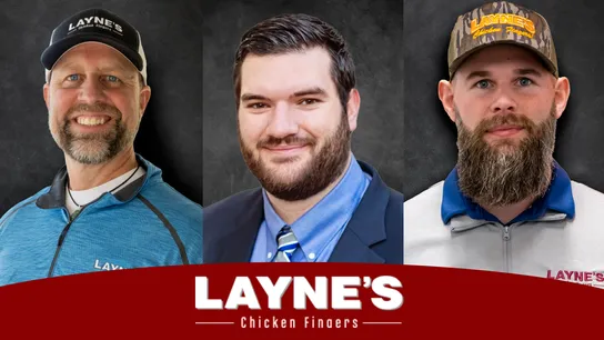 Photo with Layne's Chicken Fingers logo, Eric Reed, Kordell Snyder, and Justin Olivieri