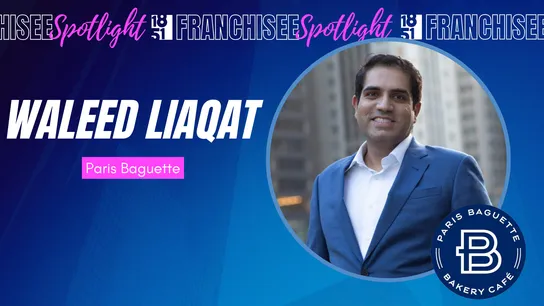 1851 Franchisee Spotlight graphic with photo of Waleed Liaqat and Paris Baguette logo