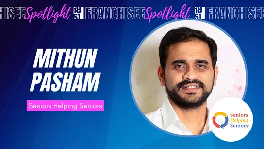 Franchisee spotlight graphic with a photo of Mithun Pasham and Seniors Helping Seniors logo