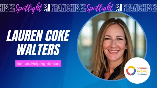 Franchisee spotlight graphic with photo of Lauren Coke Walters and Seniors Helping Seniors logo