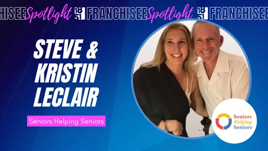 1851 franchisee spotlight graphic with photo of Steve, Kristin LeClair, Seniors Helping Seniors logo