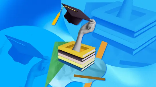 Graphic with arm, holding graduation cap, coming out of stack of books