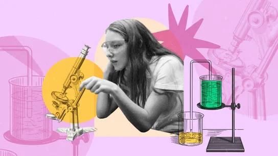 Design with image of person using microscope against a pink background