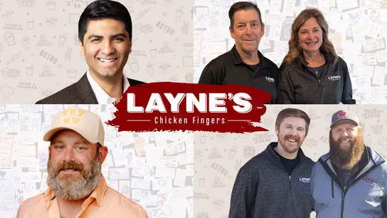 Design with photos of six Layne's Chicken Fingers franchisees and the Layne's logo
