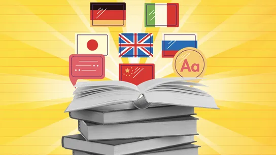 Design with image of books stacked and international flags floating above