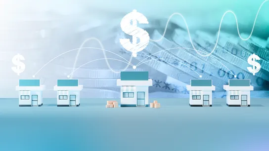 Design with blue background, five buildings, coins and dollar signs