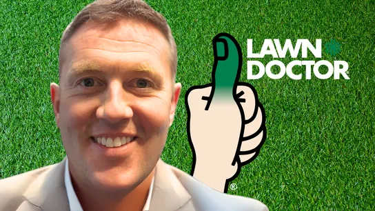 Design with photo of John Perry and Lawn Doctor logo