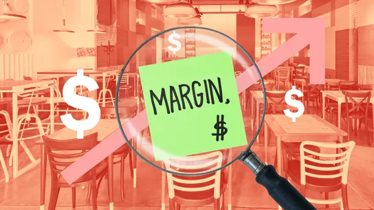 design with arrow and magnifying glass over restaurant backdrop