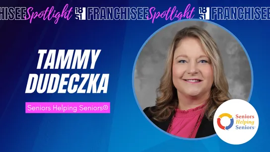 1851 Franchisee Spotlight with photo of Tammy Dudeczka and Seniors Helping Seniors logo