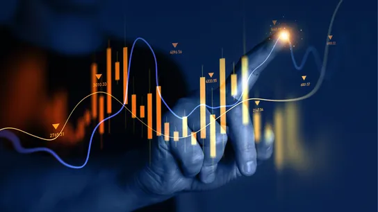 Graphic with orange chart and hand pointing at graph