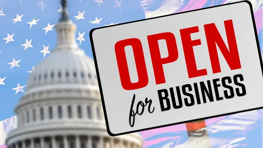 Design with government building & "Open for Business" sign against American flag backdrop
