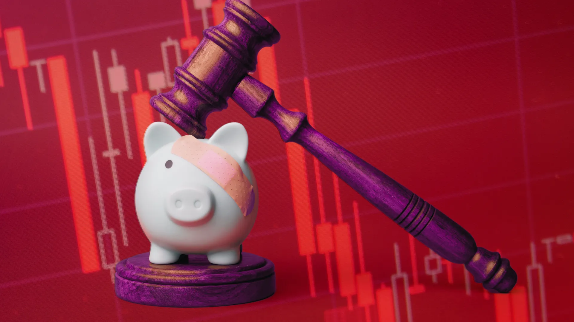 Franchisee bankruptcy represented by a gavel breaking a bandaged piggy bank.