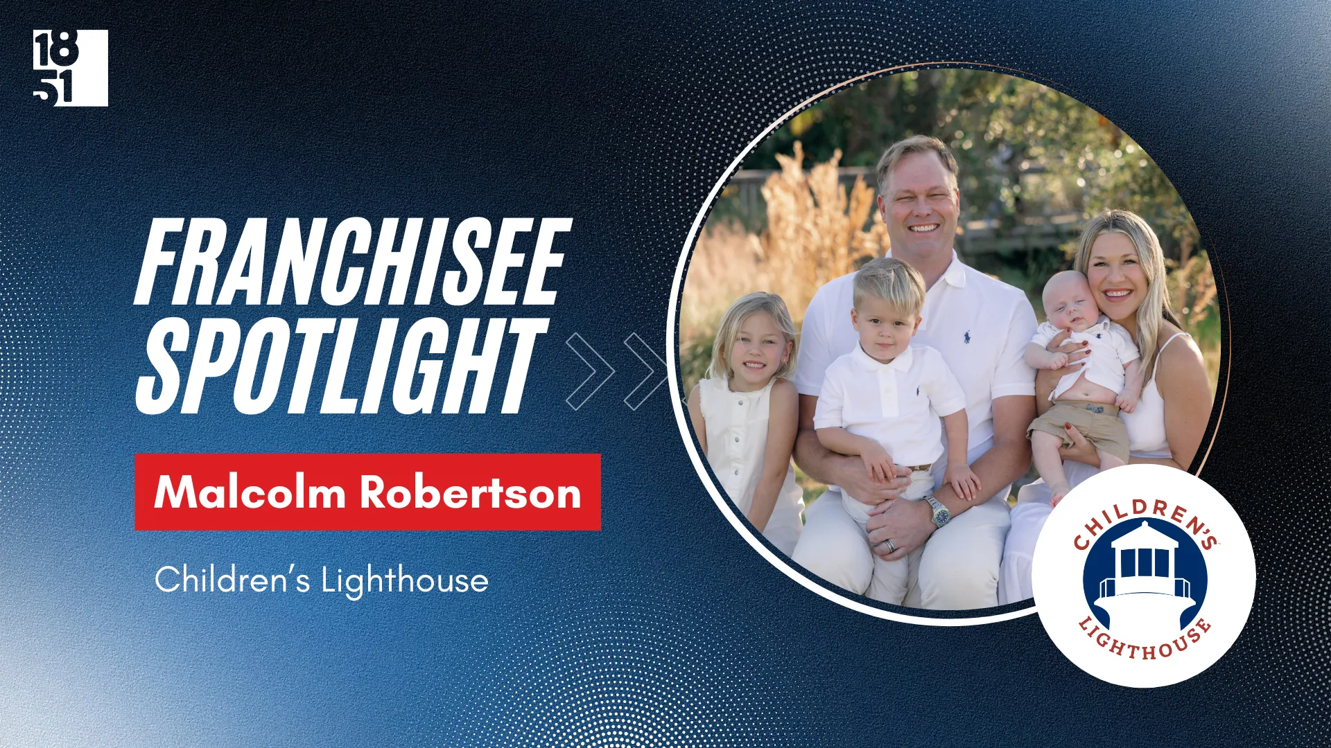 Franchisee Spotlight graphic featuring Malcolm Robertson and family against gradient blue background