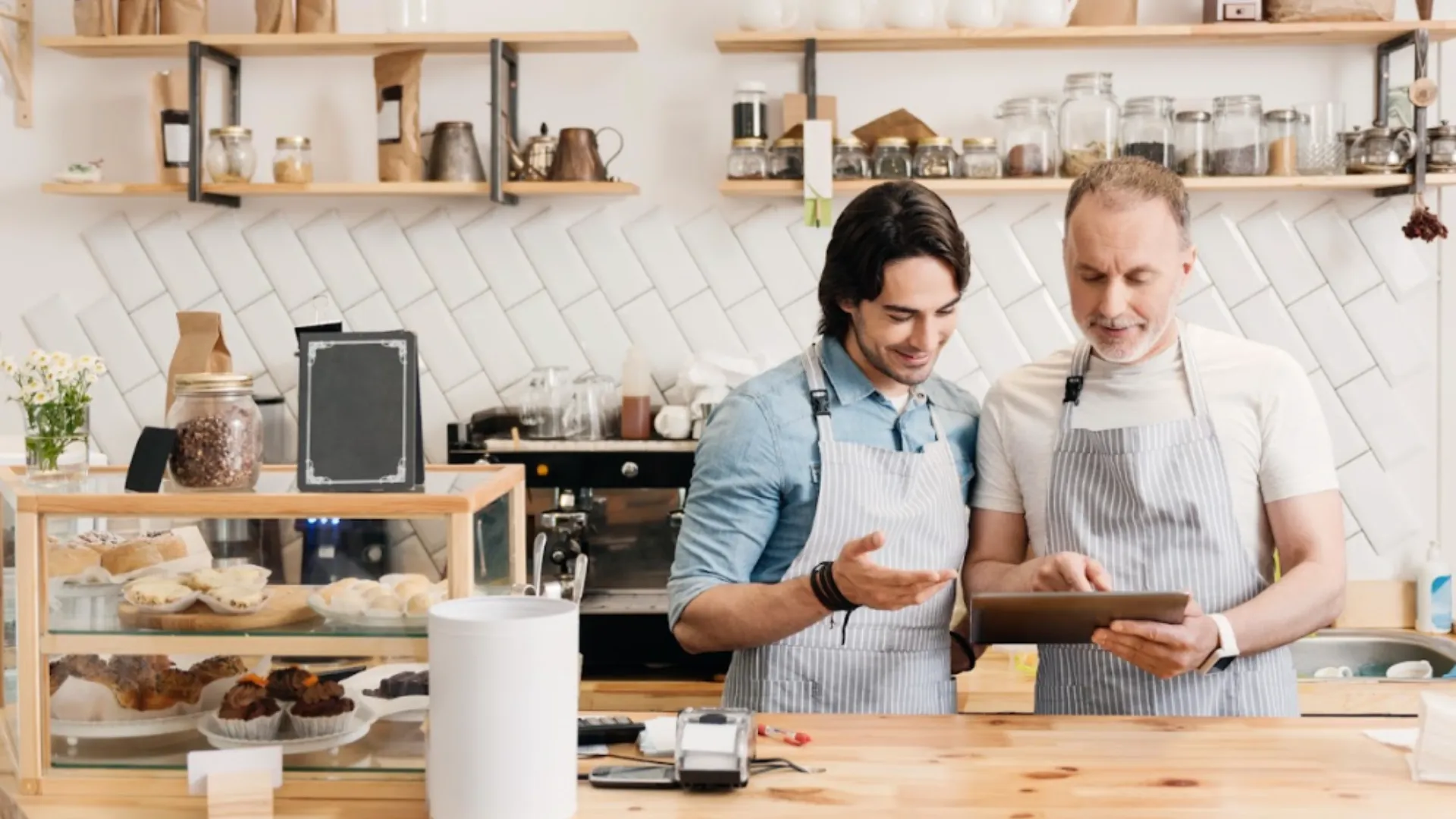 Two people in aprons stand in a cafe business looking at a clipboard