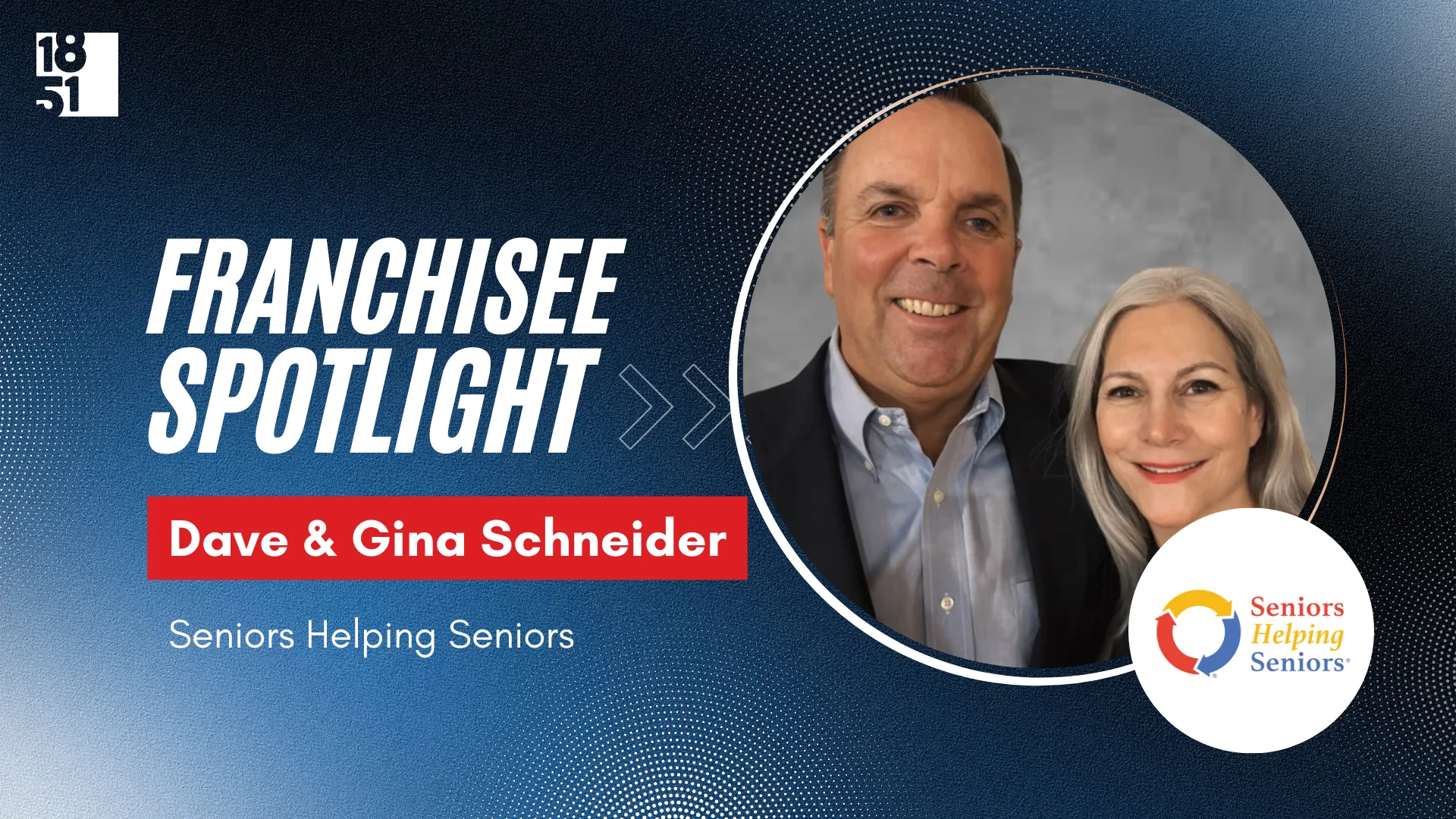 franchisee spotlight graphic with photo of Dave and Gina Schneider and Seniors Helping Seniors logo