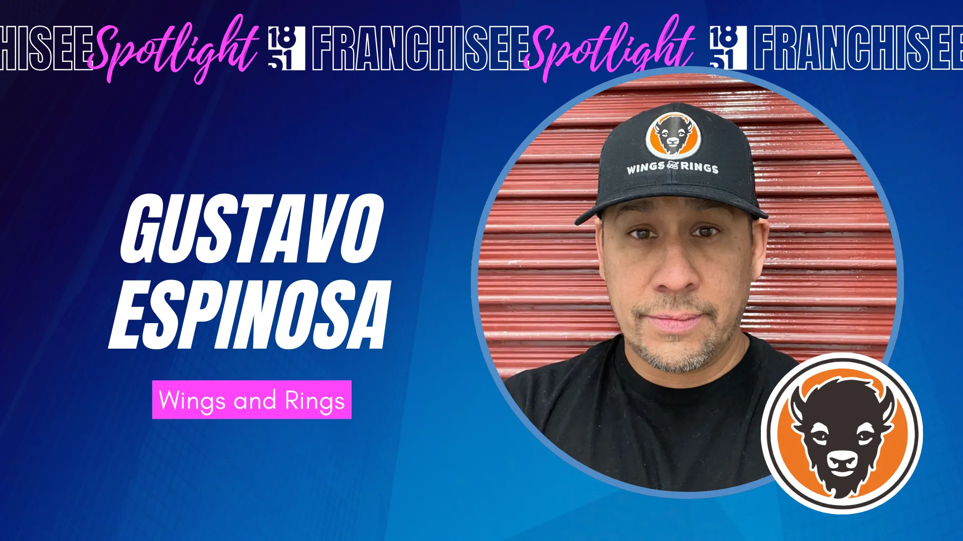 franchisee spotlight graphic with photo of Gustavo Espinosa and Wings and Rings logo