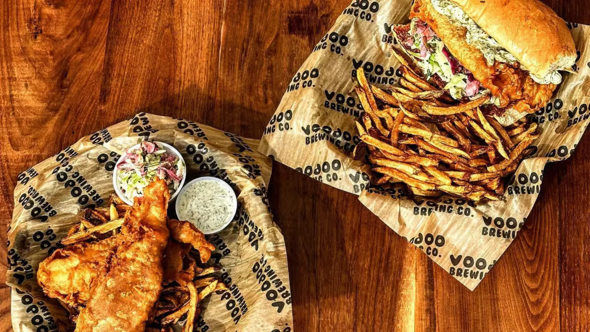 Photo of Voodoo Brewing Co. main dishes on wood table