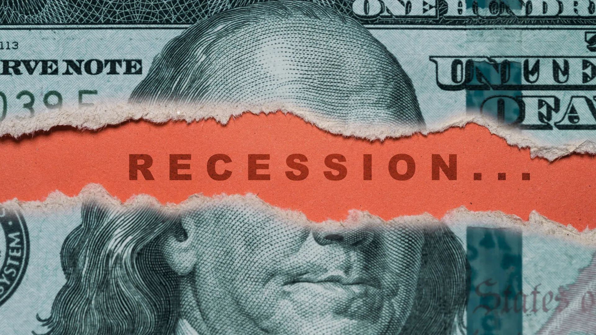 Design with hundred dollar bill and orange "recession" banner across the middle