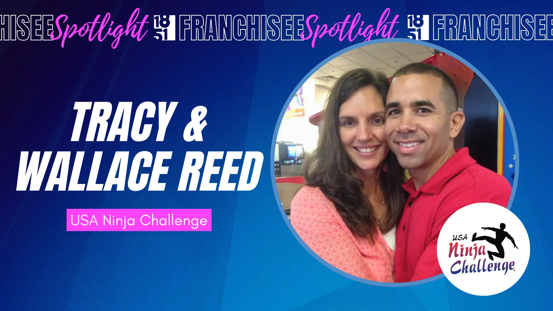 Franchisee spotlight graphic with photo of Tracy & Wallace Reed and USA Ninja Challenge logo