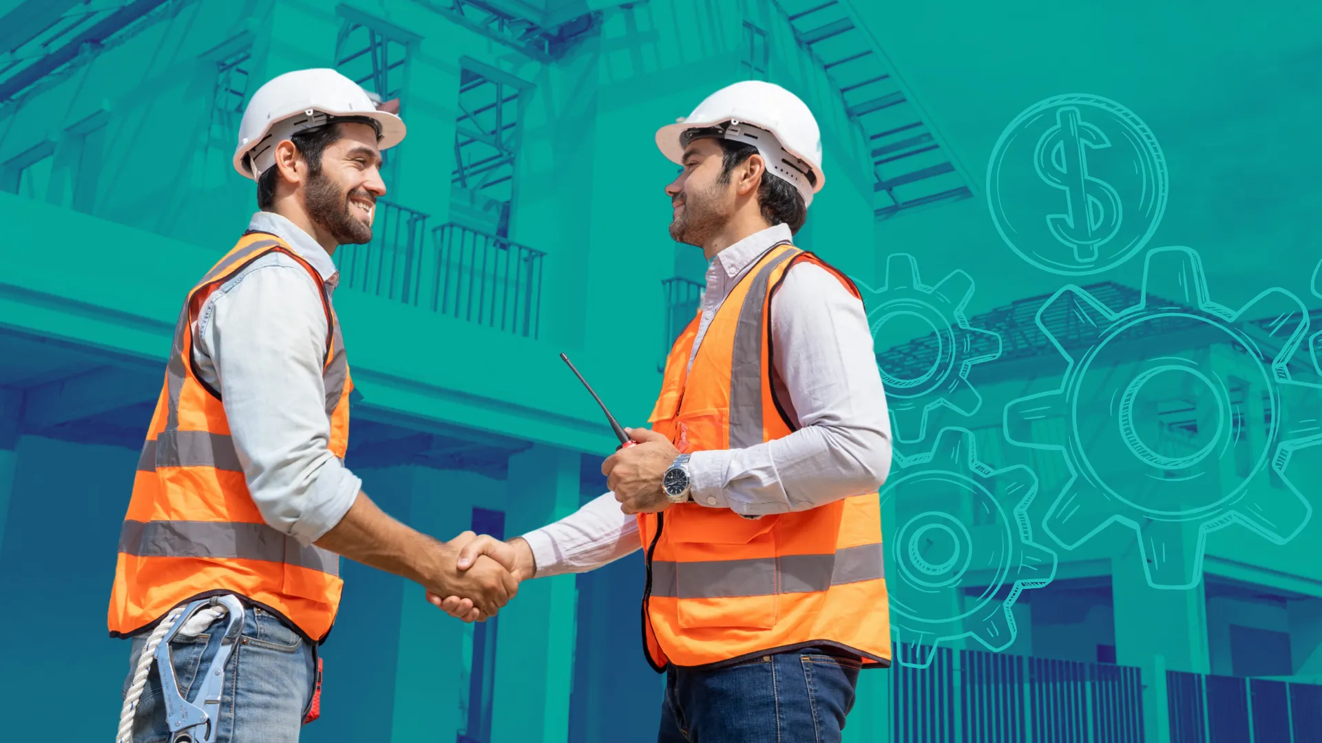 photo of two people in high-visibility vests and hard hats, shaking hands outside of a building