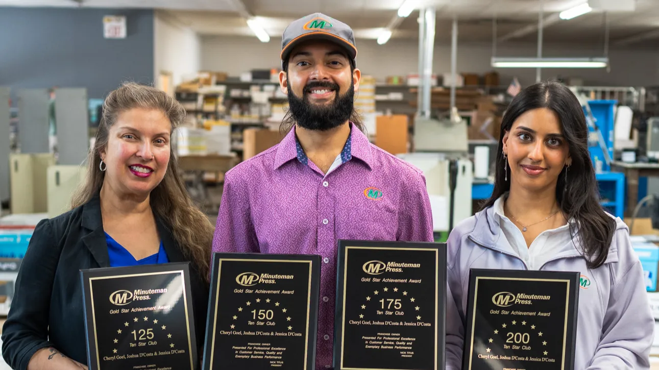 Minuteman Press Franchise Owners Chery Goel, Joshua D’Costa, and Jessica D’Costa, Houston, Texas.