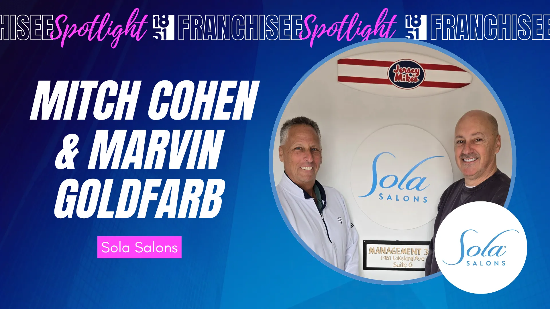 Franchisee spotlight graphic with photo of Mitch Cohen & Marvin Goldfarb & Sola Salons logo