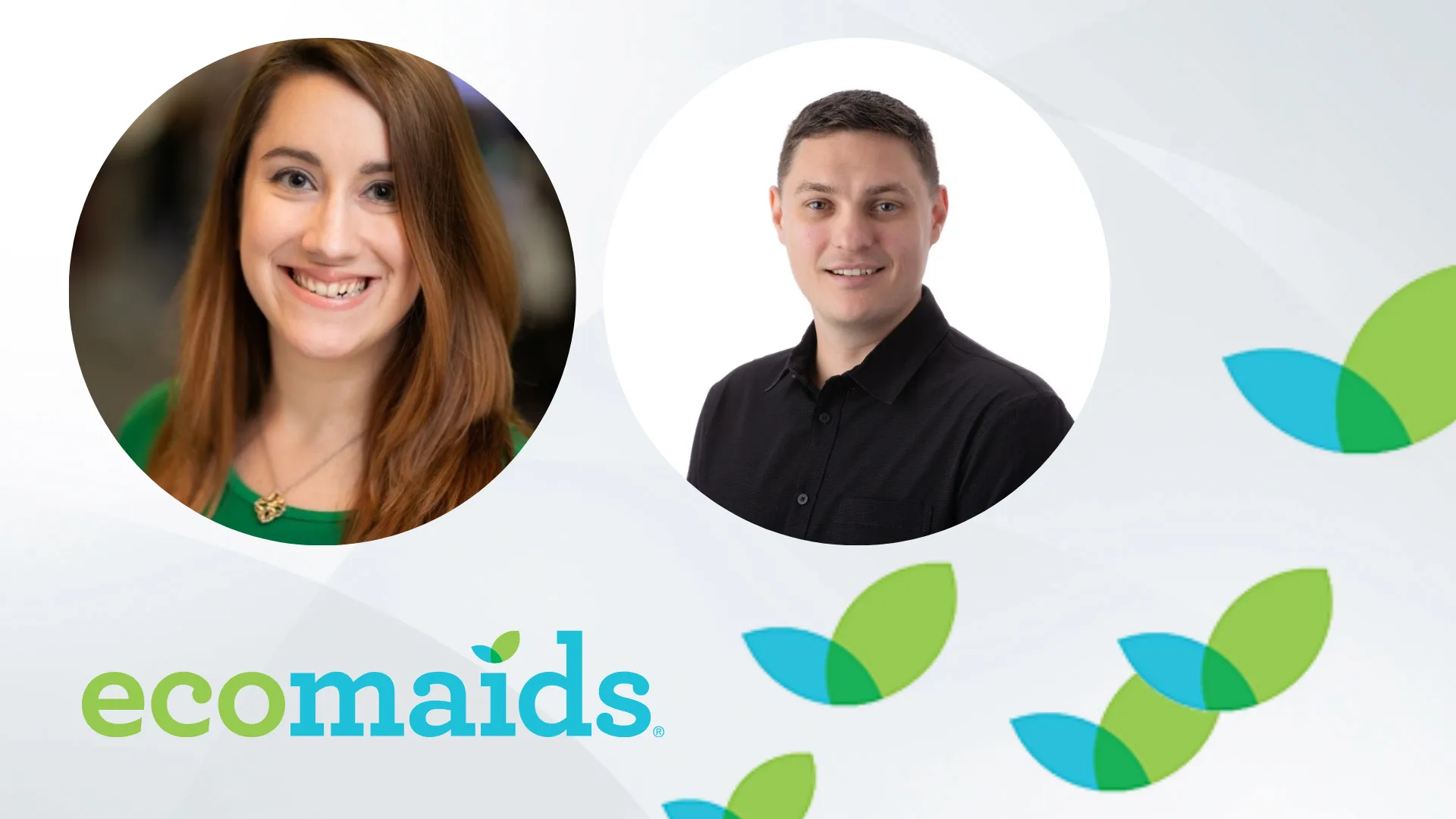 Design with ecomaids logo and headshots of Dustin and Ashley Anthony