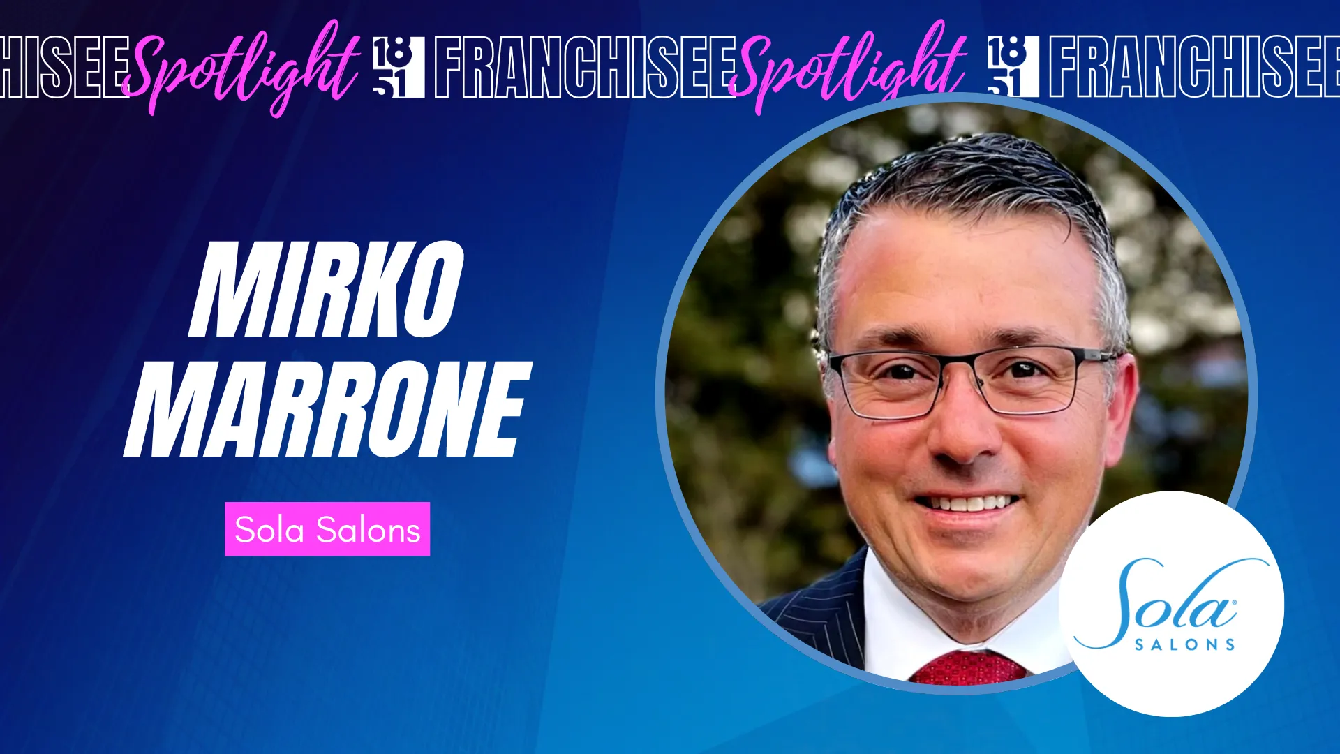 Franchisee spotlight graphic with photo of Mirko Marrone & Sola Salons logo