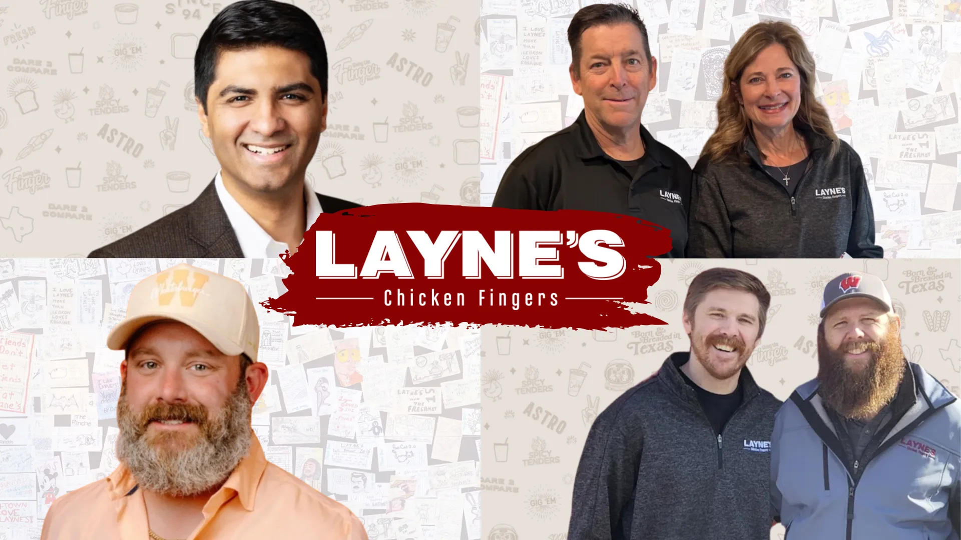 Design with photos of six Layne's Chicken Fingers franchisees and the Layne's logo