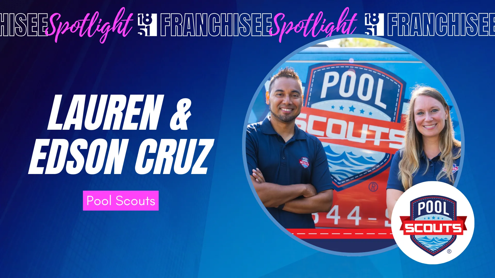 1851 Franchisee Spotlight graphic with photo of Lauren & Edson Cruz & Pool Scouts logo