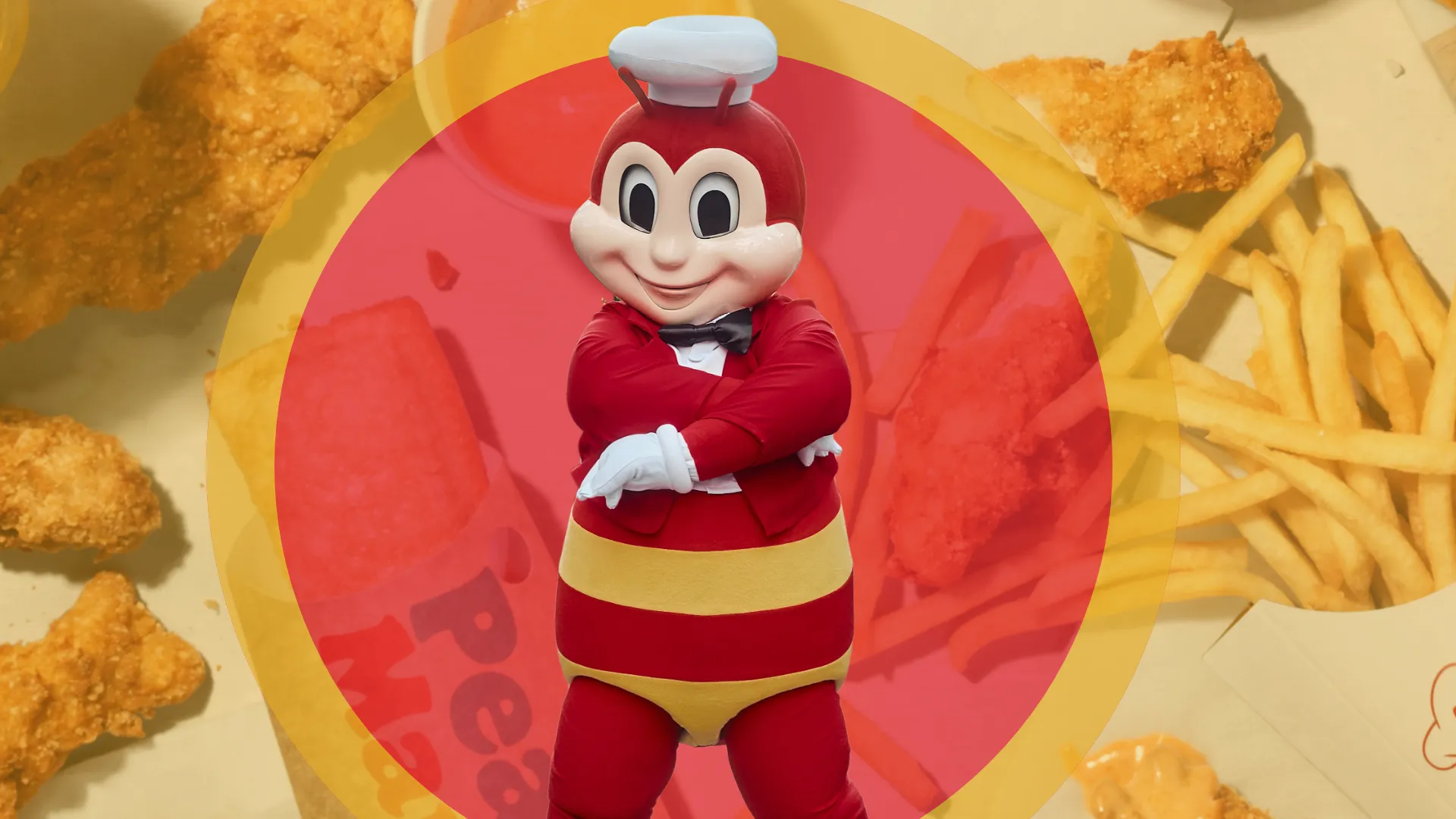 Design with Jollibee mascot against red circle, all against background of Jollibee chicken & fries