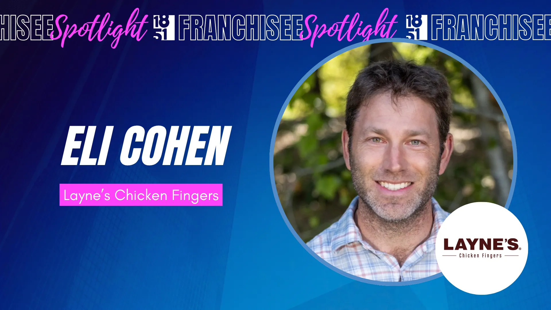 1851 Franchisee Spotlight graphic with photo of Eli Cohen, Layne's Chicken Fingers logo