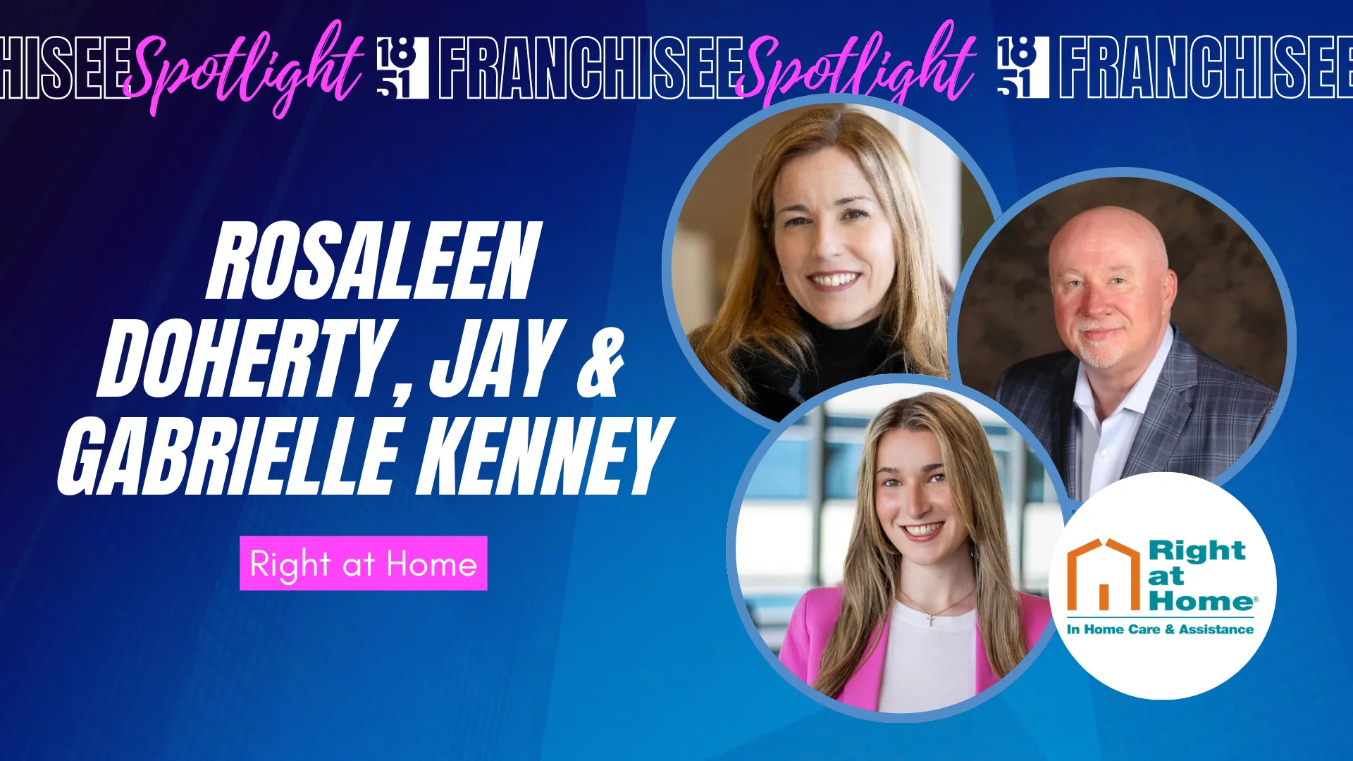 1851 Franchisee Spotlight with photos of Rosaleen Doherty, Jay & Gabrielle Kenney, Right at Home