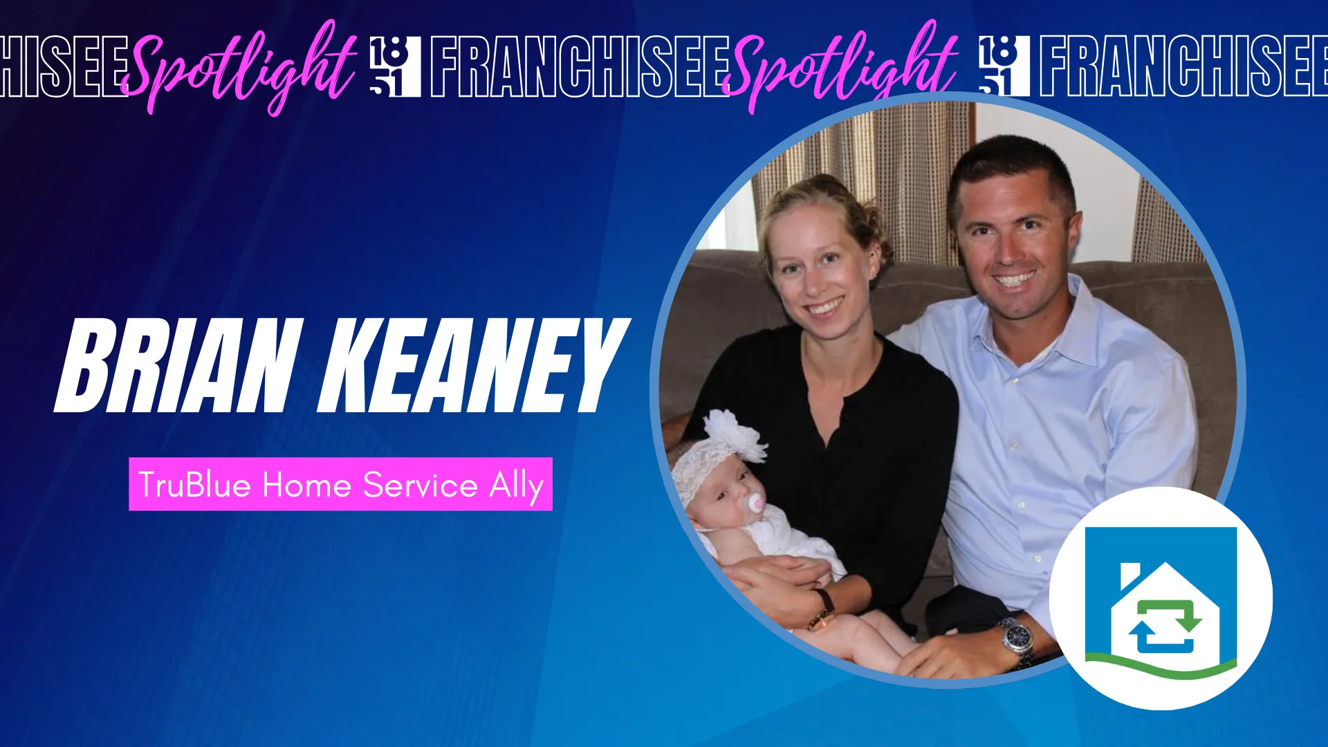 1851 Franchisee Spotlight graphic with photo of Brian Keaney & TrueBlue Home Service Ally logo