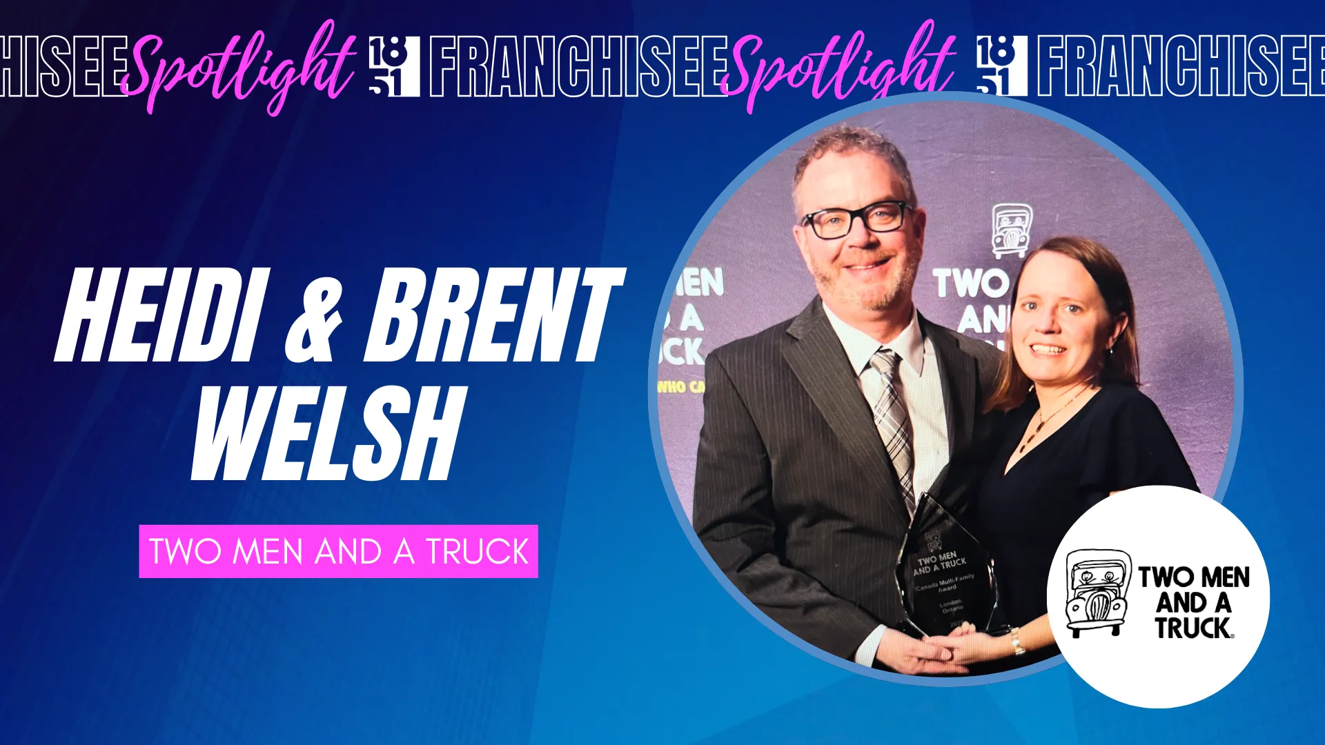 1851 Franchisee Spotlight with photo of Heidi & Brent Welsh & TWO MEN AND A TRUCK logo