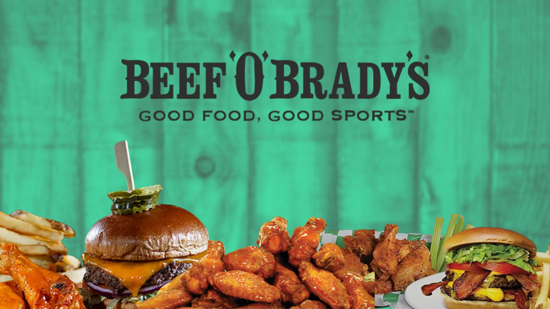 Design with Beef 'O' Brady's logo and food spread