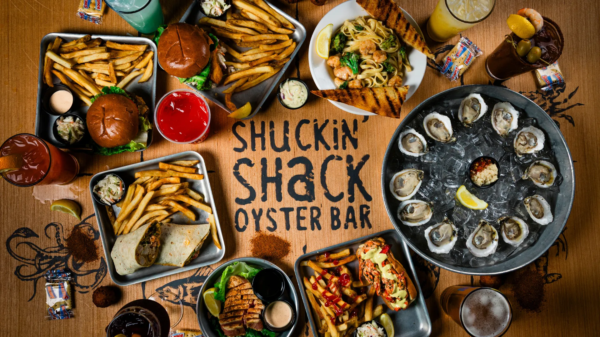 Design with Shuckin' Shack Oyster Bar logo and menu items