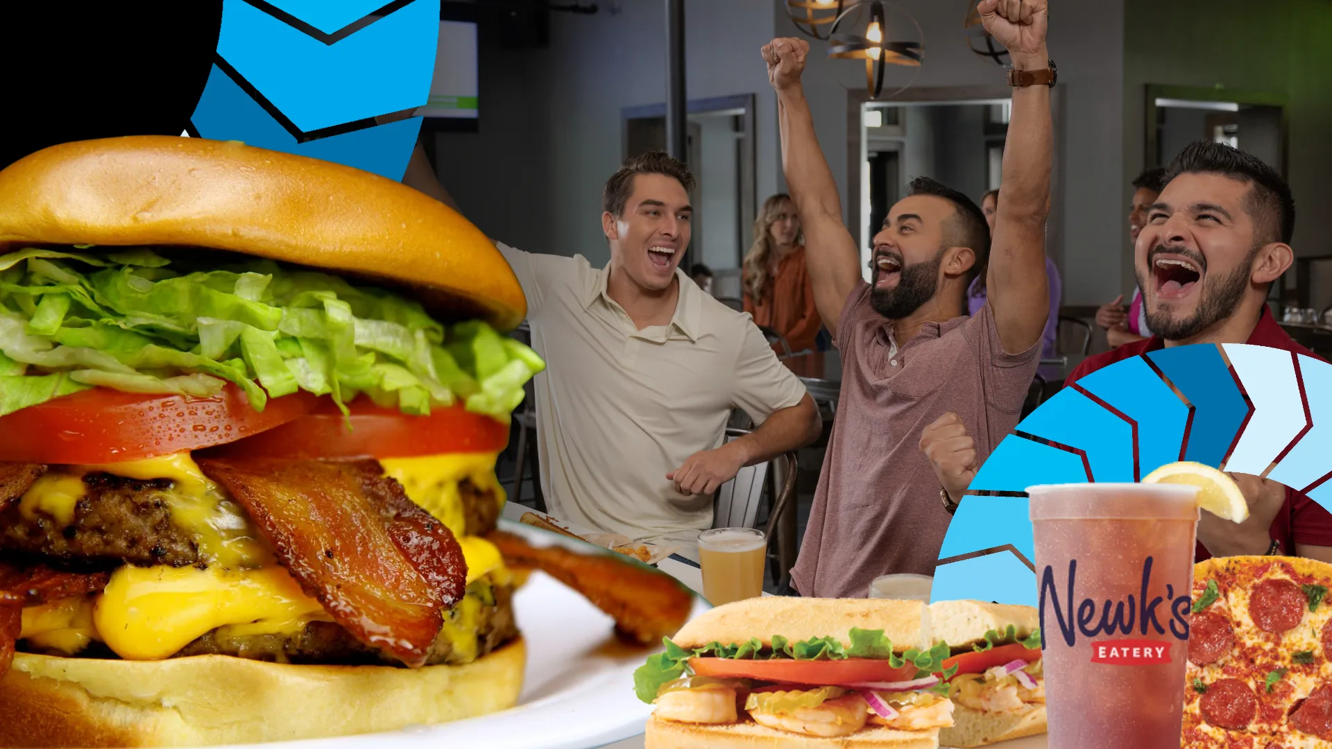 Design with FSC Franchise Co. logos, Newk's Eatery cup, and photo of guests in restaurant